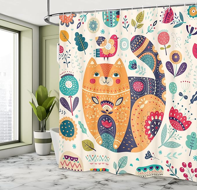 Ambesonne Paisley Shower Curtain, Little Smiling Cheek Animal Cat Various Oriental Leaf Flower Art, Cloth Fabric Bathroom Decor Set with Hooks, 69" W x 70" L, Eggshell Multicolor