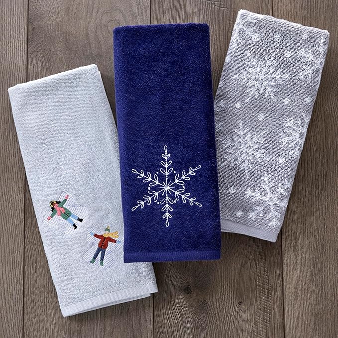 SKL Home Christmas Simple Snowflake Hand Towel 2pc Set for Bath/Kitchen/Bar & Gift, Navy