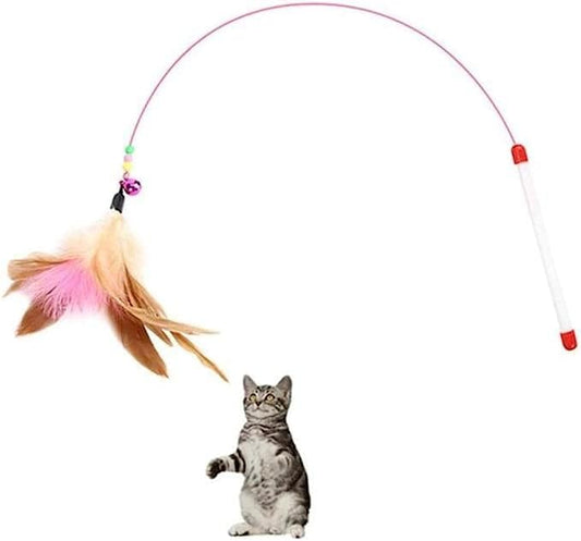 Lily and Prim's Cat Pet Toy Steel Wire Chaser Wand Teaser with Bell, Beads and Feather