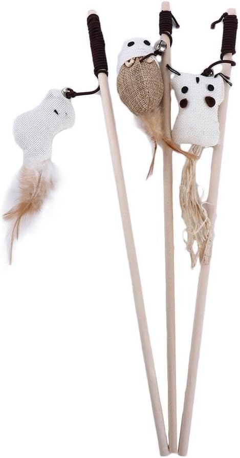 Pokinge 5pcs Simulation Mouse Feather Cat Toys Teaser Stick for Kitten Dogs Playing Interactive Stick with Suction Cup and Bells Scalable Pet Supplies
