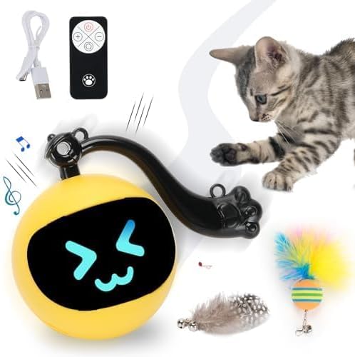 Interactive Cat Toy Ball,Simulated Hunting Remote Control Cat Toy,Electric Cat Automatic Ball Fast Rolling in Pouch, Motion Activate Chirping Hide and Seek Cat Toy (Yellow Ball)