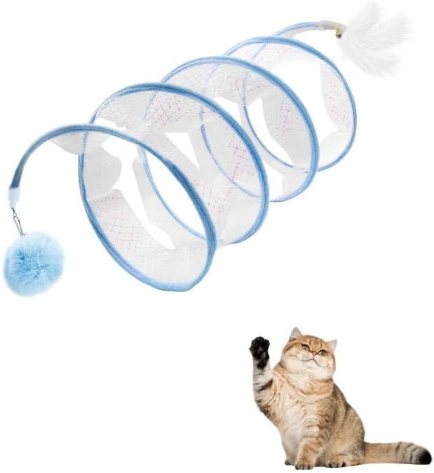 Andiker Folded Cat Tunnel Spring Toy, 10inch Spiral Cat Tunnels Toy with White Feather&Plush Mice&Bell 3 in 1 Folded Cat Tubes Interactive Cat Toys for Indoor Cats to Exercise, Relax (Blue, S)