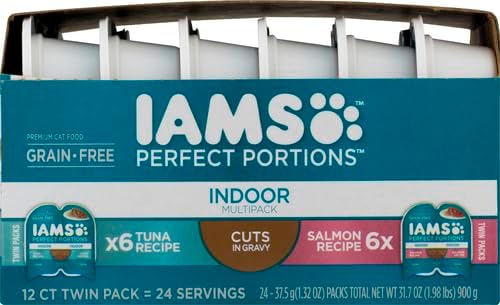 Iams Perfect Portions Indoor Adult Grain Free Wet Cat Food Pate Variety Pack, Salmon and Tuna Recipes, 2.6 oz. Easy Peel Twin-Pack Trays (12 Count, 24 Servings)