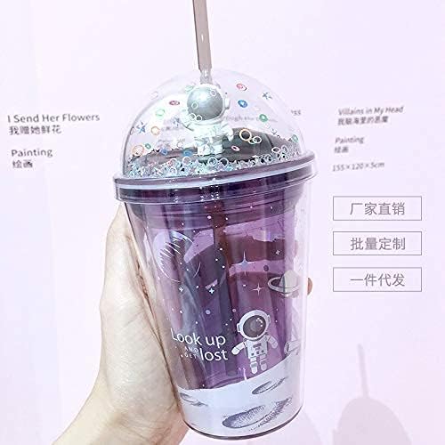 Astronaut Cup with Straw Ice Coffee Tumblers Party Cups Space Reusable Plastic Cup Birthday Gift (Astronaut purple, 380ml)