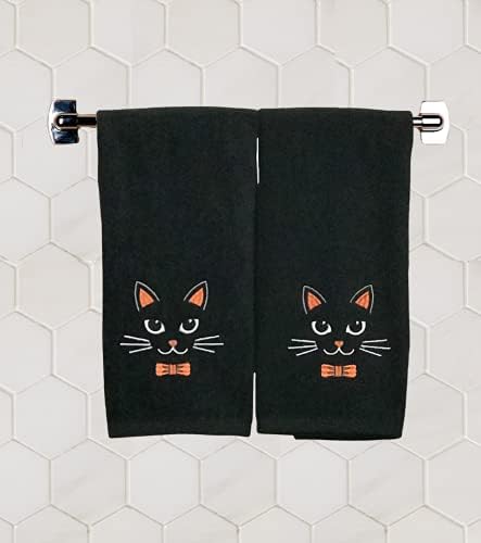 Halloween Bathroom Hand Towels – 16” x 25” Black Cotton Embroidered Cat Design- Spooky Gothic Bath Kitchen Décor, Set of 2