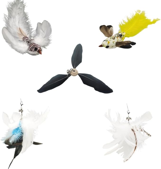 Variety Play Cat Toys Set, 5 Pack, Refills for Cat Wand Toys, Cat Fishing Poles, Spring Wires, Door/Wall Hang Ropes. 2 Bird Cat Toys, 2 Feather Cat Toys & Windmill - Bells & Easy Clip-On