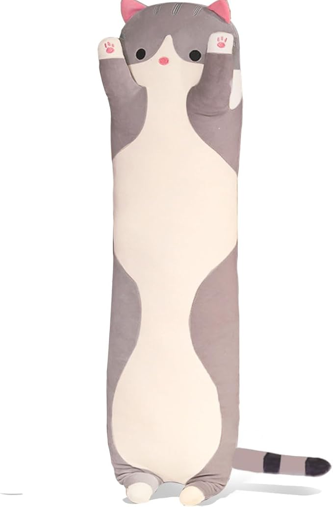 Grey Cat Long Plush Pillow Kitty Stuffed Animals Soft Sleeping Throw Pillow Doll Toy (Grey,35inches)