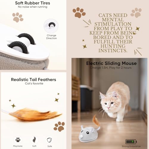 Interactive Version2 Automatic Cats Plush Toys Play for Indoor Boredom Alone. Electric Moving Mouse Cat Toys with Real Feather Tail, Less Noise USB Rechargeable. (Grey)