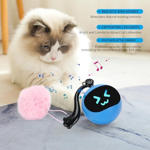 Interactive Cat Toy Ball,Simulated Hunting Remote Control Cat Toy,Electric Cat Automatic Ball Fast Rolling in Pouch, Motion Activate Chirping Hide and Seek Cat Toy (Blue Ball)