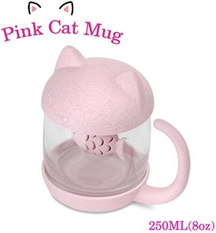 BigNoseDeer Cat Tea Cup Cute Mug Glass Pot with Fish Infuser for Loose Leaf Tea (Pink 8oz)