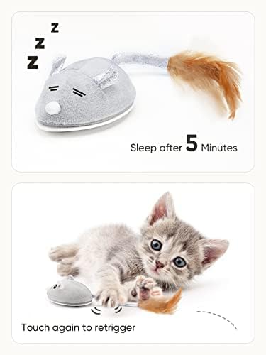 Interactive Version2 Automatic Cats Plush Toys Play for Indoor Boredom Alone. Electric Moving Mouse Cat Toys with Real Feather Tail, Less Noise USB Rechargeable. (Grey)