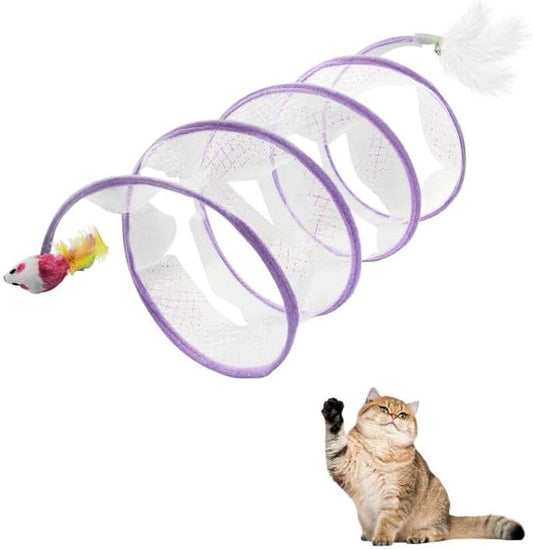 Andiker Folded Cat Tunnel Spring Toy, 10inch Spiral Cat Tunnels Toy with White Feather&Plush Mice&Bell 3 in 1 Folded Cat Tubes Interactive Cat Toys for Indoor Cats to Exercise, Relax (Purple, L)