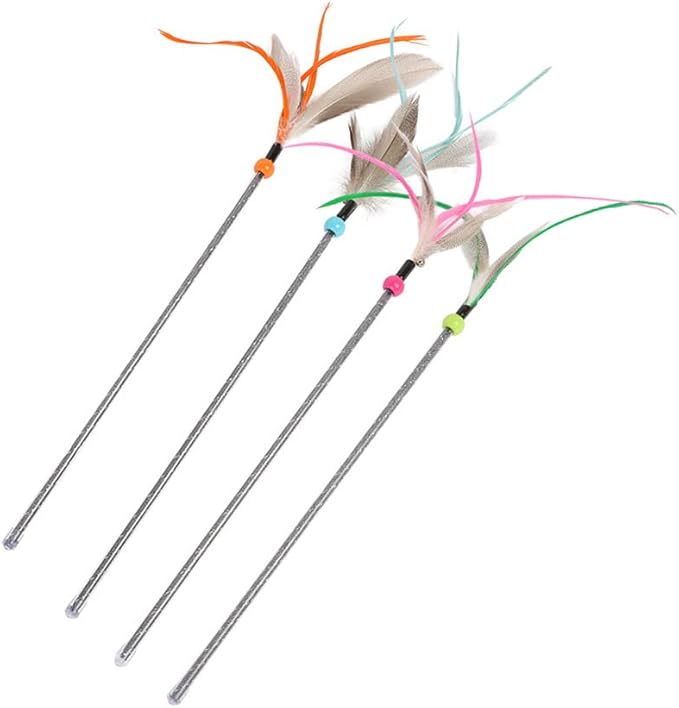 Cat Wand Toys 4 PCS Interactive Cat Feather Wands Cat Teaser Wand with Color Vary Feather and Bell