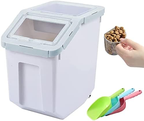 YXQ Dog Food Storage Container Airtight Box Cyan,10kg Bulk Dry Food Grain Storage Barrels Sealed Bucket,Pets Food Bin with Seal Locking Lid, Wheels,Measuring Cup,1pcs Scoops(Random Color)