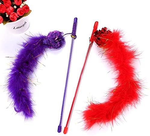 Red Cat Teasing Stick Toy Interactive Stick, Sparkly Feather Boa with Crinkle Ball Tease Cat Rod Funny Cute Pet Supplies for Cat Training Indoor Cats Cat Toys Interactive for Indoor Cats