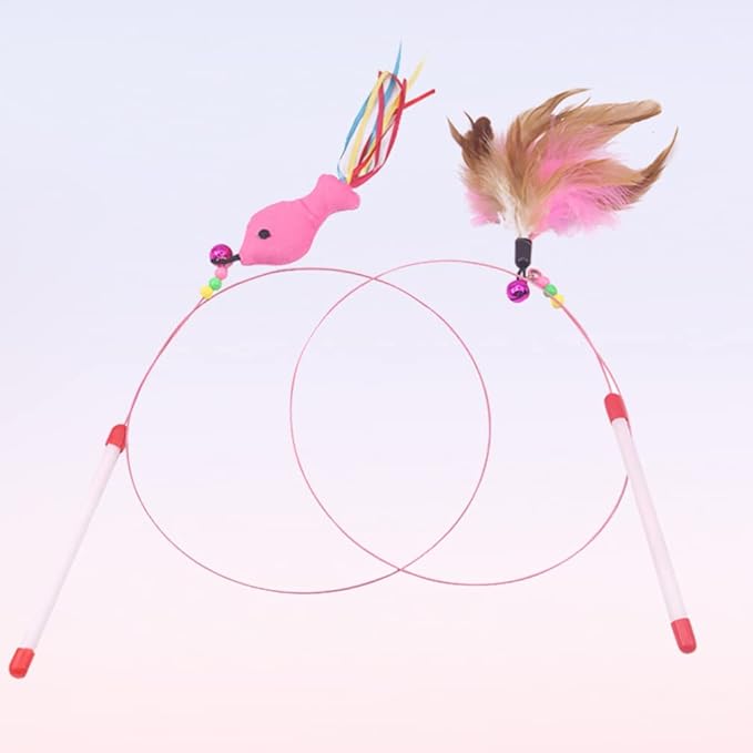 Cat Feather Toy Fishing Pole Toys, Interactive Cat Toys Wand, Bundle of 2 Pack Pet Cat Kitten Chaser Teaser Wire Wand with Bell Beads for Cat Exercise Play Fun