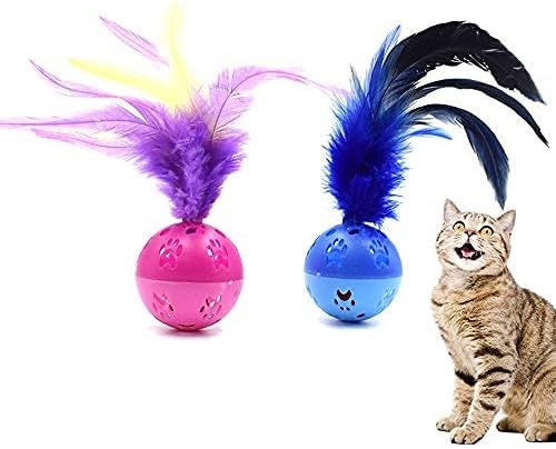 BeeSpring Cat Balls Interactive Cat Toy Cat Feather Balls with Loud Bell Inside (2Pcs - Red, Blue)