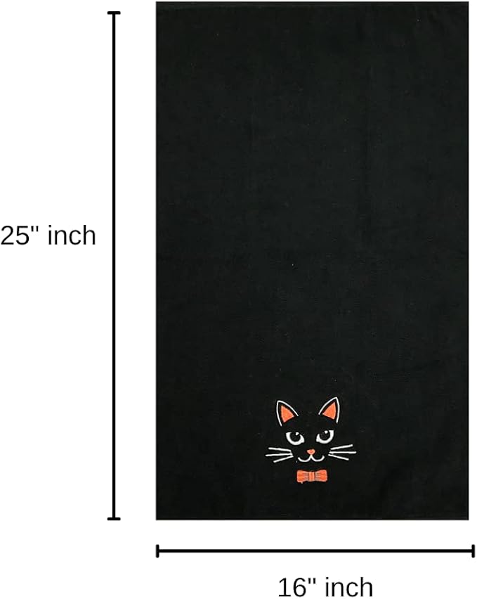 Halloween Bathroom Hand Towels – 16” x 25” Black Cotton Embroidered Cat Design- Spooky Gothic Bath Kitchen Décor, Set of 2