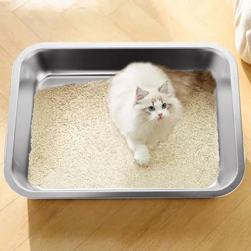 2PCS 4" Height Stainless Steel Cat Litter Box, Metal Litter Pan, for Elderly Cats, Arthritic Cats, Small Kittens, Litter Pan for Hamsters Rabbits, Non Stick Smooth Surface