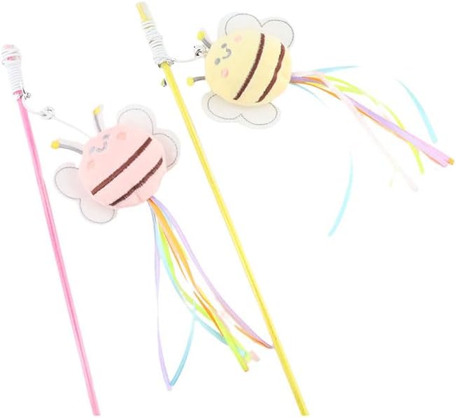 3 Pcs Cat Teaser Wand, Cute Bee Fishing Teasing Stick for Little Cat Funny Kitten Interactive Playing Toy Plush Cat Training Tool Indoor Pet Supplies