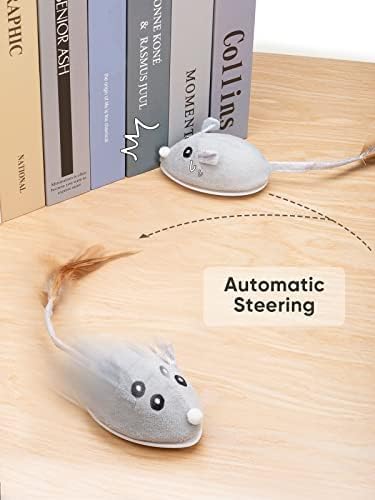 Interactive Version2 Automatic Cats Plush Toys Play for Indoor Boredom Alone. Electric Moving Mouse Cat Toys with Real Feather Tail, Less Noise USB Rechargeable. (Grey)