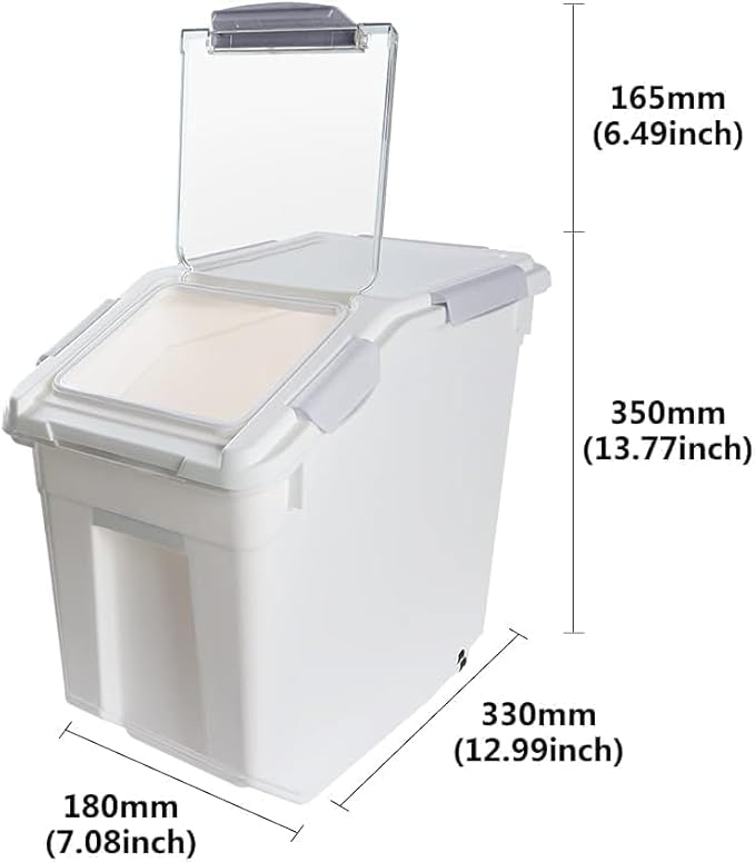 RUIAN Dog Food Storage Container with Scoop,Rice Flour Container on Wheels,Airtight Cat Birds Food Bin Grey & Pink