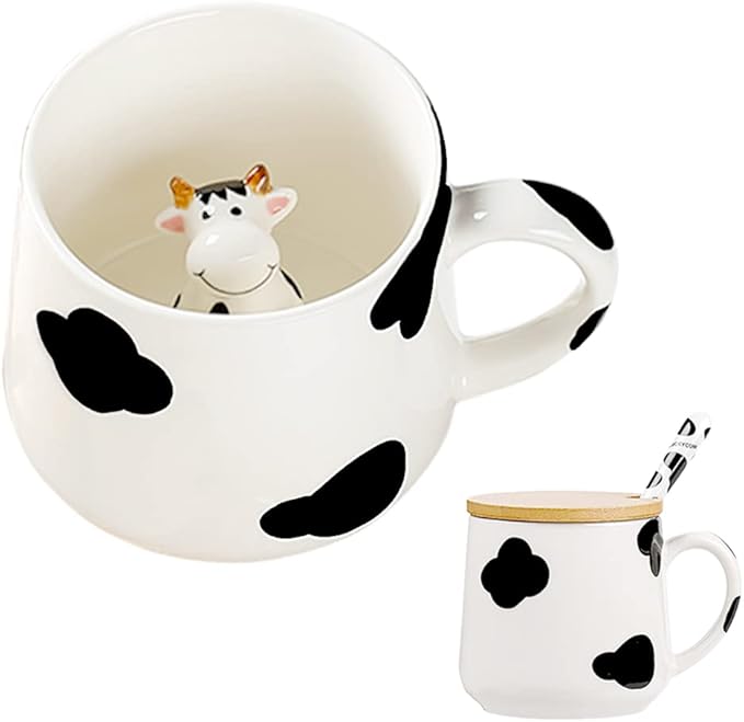 BigNoseDeer Cute Ceramic Cow Mug with 3D Cow Inside,Cow Print Coffee Mug,Cute Mugs with Lid Spoon,Cute Stuff Cool stuff Birthday Gifts Anime Gifts for Women Girlfrend Kids13oz