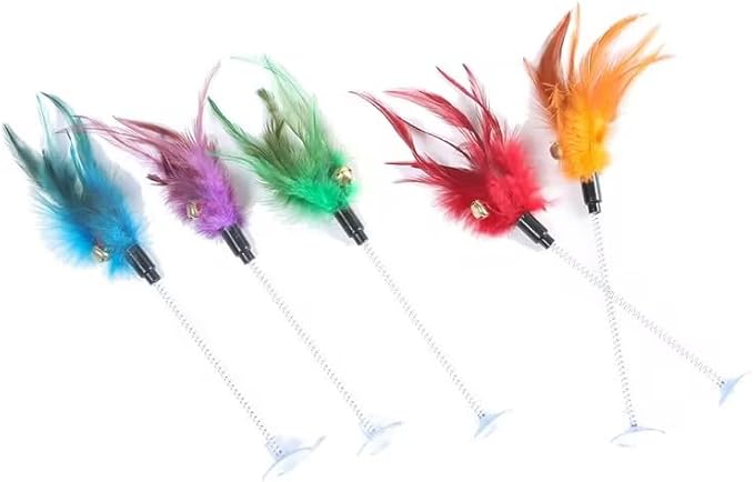 JJLFresheners 1Pc Random Color Cat Feather Stick Spring Suction Cup Pet Teaser Funny Interactive Wand Cat for Indoor Cats Interactive Mouse Cat Feather