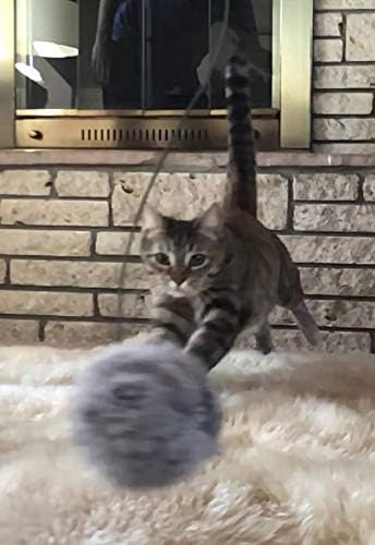 Natural Fur Pom Cat Wood Rod Teaser & Exerciser Wand for Cat & Kitten with Fluffy Fur Ball- Interactive Soft and Safe Feather-Like Real Fur Toy - Mouse Like Pelt Pom Assembled in The US