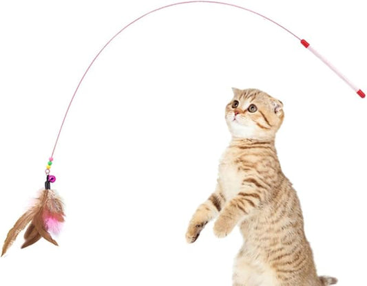 Cat Feather Toy Fishing Pole Toys, Interactive Cat Toys Wand, Bundle of 2 Pack Pet Cat Kitten Chaser Teaser Wire Wand with Bell Beads for Cat Exercise Play Fun