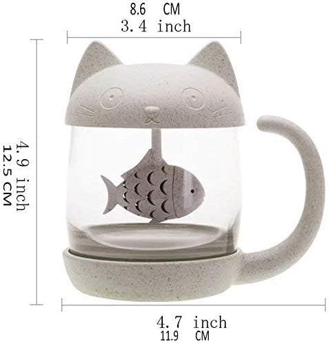 BigNoseDeer Cat Tea Cup Cute Mug Glass Pot with Fish Infuser for Loose Leaf Tea (White 8oz)