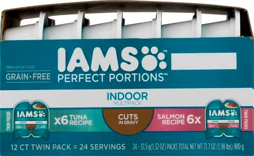 Iams Perfect Portions Indoor Adult Grain Free Wet Cat Food Pate Variety Pack, Salmon and Tuna Recipes, 2.6 oz. Easy Peel Twin-Pack Trays (12 Count, 24 Servings)