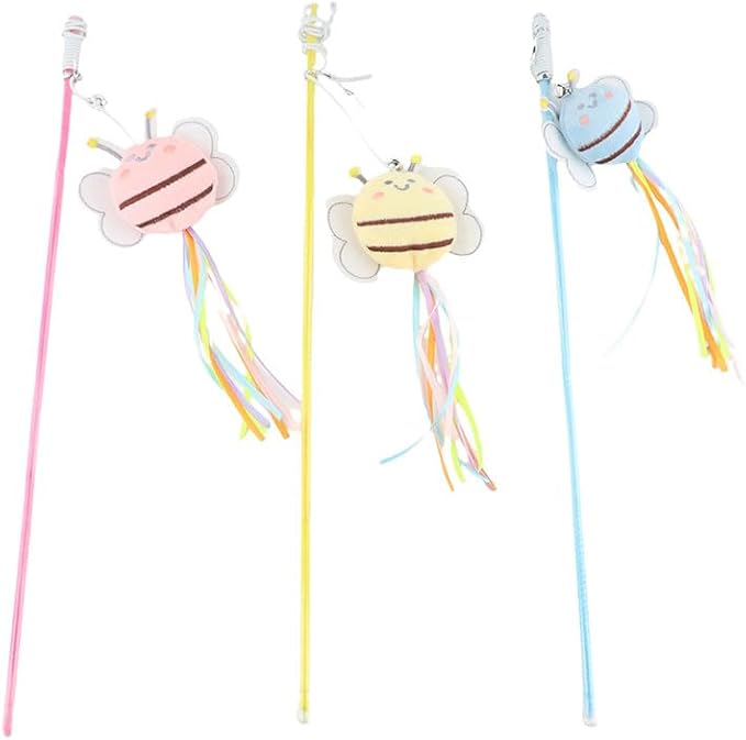 3 Pcs Cat Teaser Wand, Cute Bee Fishing Teasing Stick for Little Cat Funny Kitten Interactive Playing Toy Plush Cat Training Tool Indoor Pet Supplies
