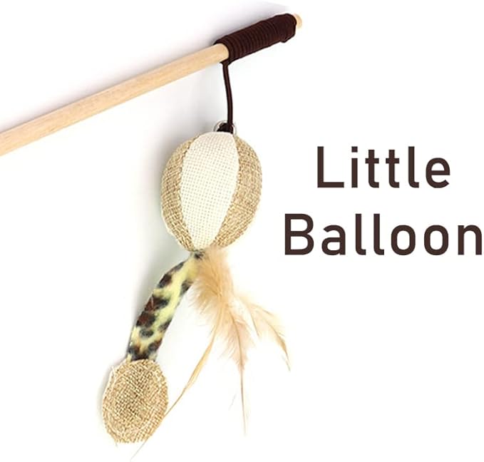 Cat Teaser 3 PCS Interactive Cat Toys Set Mouse Hamster Balloon 16 inch (40 cm) Sturdy Natural Wood Rod Organic Hemp Cord Feather Elastic Rope Small Bell Catnip Lollipop