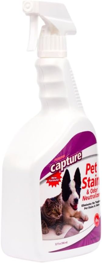 Capture Pet Stain & Odor Neutralizer - Pet Stain Remover for Carpet, Wood, Leather, Rug, Bed, Couch, Car, Upholstery, Clothes, Curtains, Wall, Floor, Concrete - 32oz Portable Spray Bottle