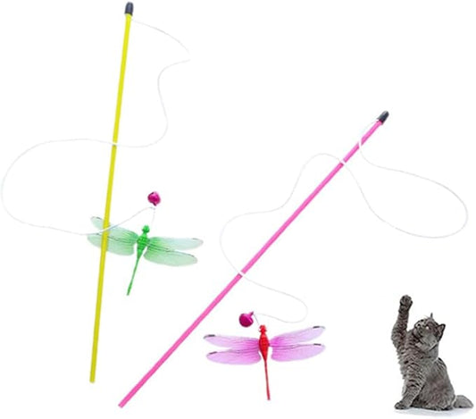 Cat Wand Toys,Interactive Cat Toys for Indoor Cats Adult Kitten,Funny Cat Sticks Pet Interactive Cat Toys with Dragonfly Bell Toys for Kitten Playing(2 Pc)
