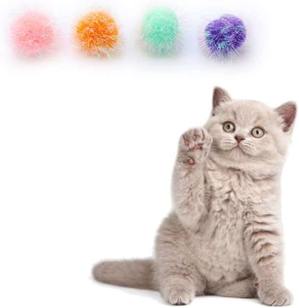 Cat Toy Balls 2 Inch Pom Pom Sparkle Ball Cat’s Favorite Toys Assorted Color Tinsel Glitter Fuzzy Balls 16 Pcs