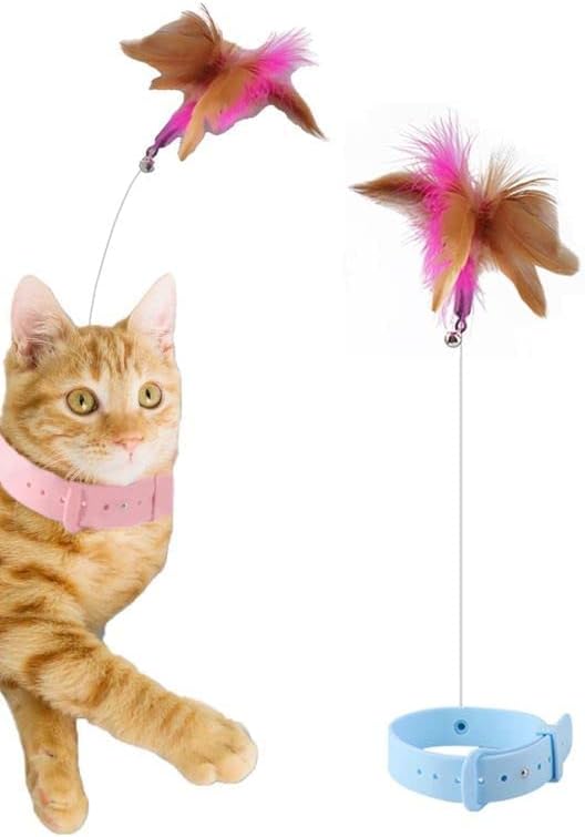 KOTYA Cat Collar Toy, New Premium Teasing Wand with Colorful Natural Feathers and Bell, Lightweight Silicone for Extra Comfort, Interactive Self Playing Toys for Indoor Kittens (Sky Blue)