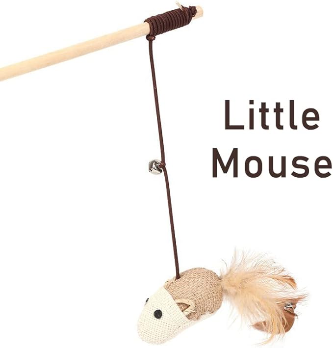 Cat Teaser 3 PCS Interactive Cat Toys Set Mouse Hamster Balloon 16 inch (40 cm) Sturdy Natural Wood Rod Organic Hemp Cord Feather Elastic Rope Small Bell Catnip Lollipop