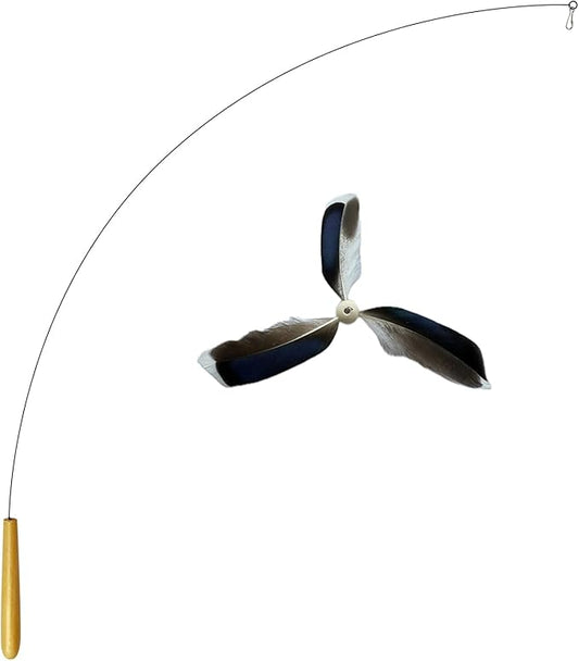 Spining Feather Propeller Cat Toy, 35.5 Inch Cat Wand with Solid Wood Handle, Flexible Steel Wire, Natural Feather Cat Toys for Indoor Cats