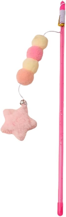 Cat Toy Wand, Pink Cat Stick Toy Elastic Rope Plush Ball Star Pendant, Bite-Resistant Comfortable Grip Relieve Boredom, Handmade Kitten Teaser Wand Cat Mice and Animals Toys
