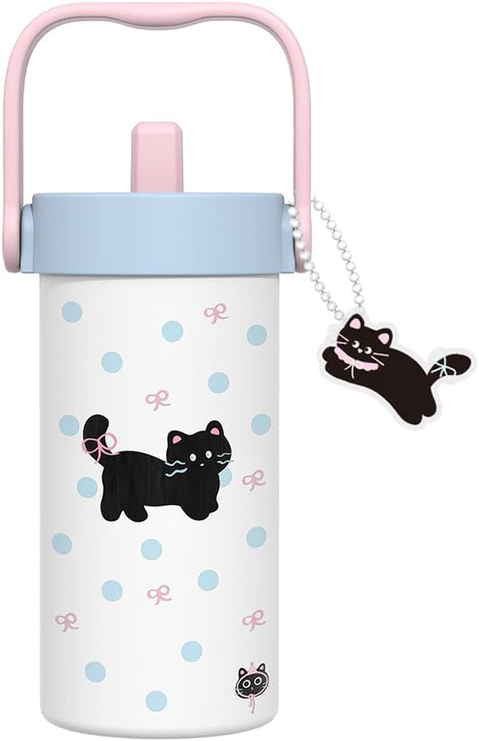 20 oz Cute Black Cat Pattern Insulated Tumbler with Straw and Lid, Stainless Steel School Travel Working Coffee Mug, Detachable Dust Cap, Built-In Filter Tea Drain, Great Gifts for Women & Girls