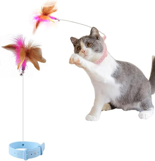 Cat Teasing Wand Silicone Collar Hands Free Toy with Bell and Feathers Interactive Cat Toys (Blue)