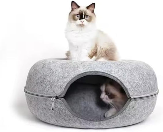 Large Grey Pet Round Tunnel Cave | Toy Hiding Tent for Pets, Kittens, Rabbits, Puppies | Flexible Zipper Detachable Design Size 61x61x28cm, 1,1KG