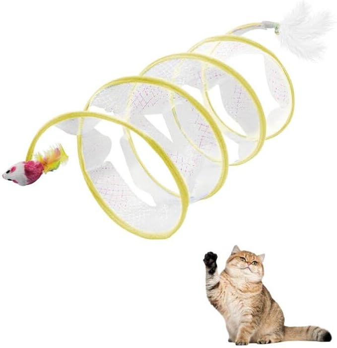 Andiker Folded Cat Tunnel Spring Toy, 10inch Spiral Cat Tunnels Toy with White Feather&Plush Mice&Bell 3 in 1 Folded Cat Tubes Interactive Cat Toys for Indoor Cats to Exercise, Relax (Yellow, L)
