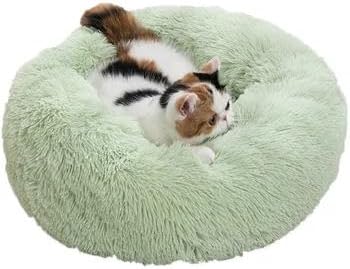Cat Beds for Indoor Cats - Cat Bed Washable 20/24 inches, Dog Beds for Small Medium Dogs, Anti Anxiety Round Fluffy Plush Faux Fur Cat Bed, Thick Bottom (Green, Medium)