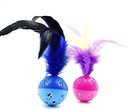 BeeSpring Cat Balls Interactive Cat Toy Cat Feather Balls with Loud Bell Inside (2Pcs - Red, Blue)