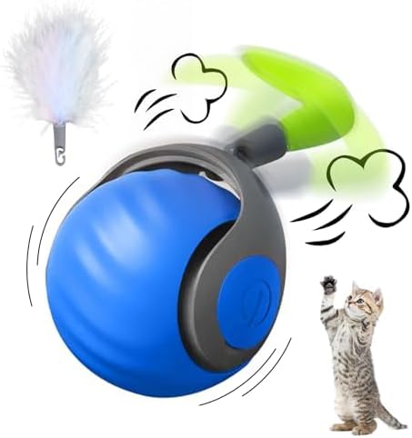 Interactive Cat Ball Toy with Feather, Speedy Tail 2.0 cat Toys, Smart Cat Toys Ball for Indoor Cats, Motion Activated Automatic Cat Toy Ball, USB Rechargeable Cat Toys, Blue