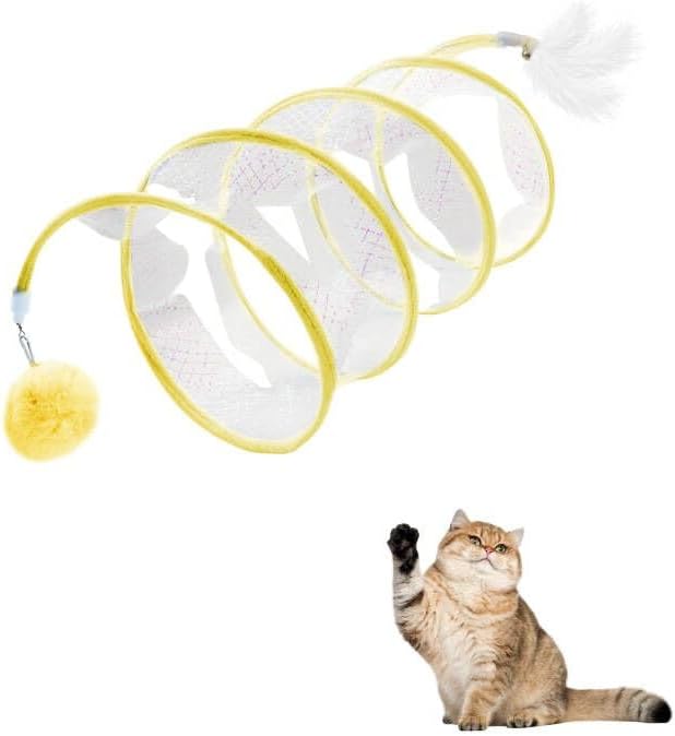 Andiker Folded Cat Tunnel Spring Toy, 10inch Spiral Cat Tunnels Toy with White Feather&Plush Mice&Bell 3 in 1 Folded Cat Tubes Interactive Cat Toys for Indoor Cats to Exercise, Relax (Yellow, S)