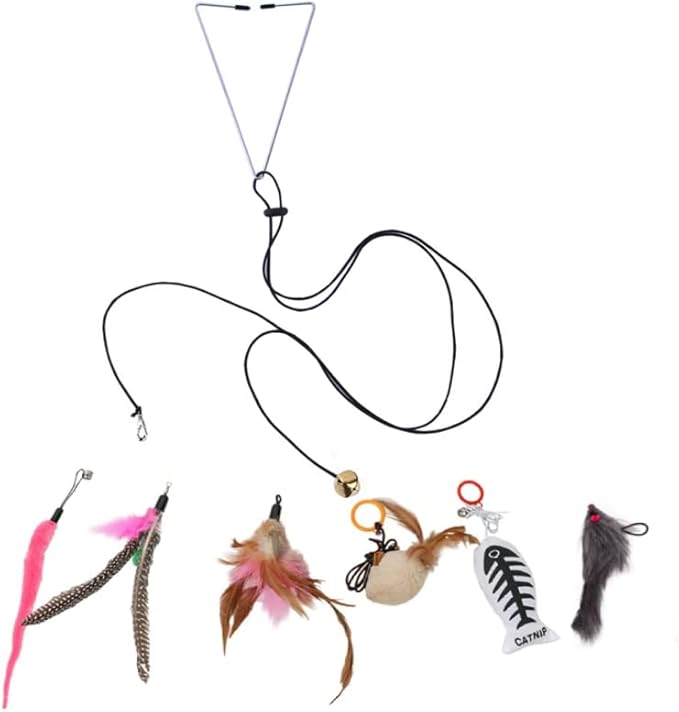 Hanging Interactive Cat Toy with 6 Piece Replaceable Toys Bouncing Mouse Catnip Feathers Fun for Kitten Self Play Adjustable Elastic Rope